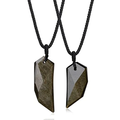 Imagen de COAI Collares con Colgantes Diente de Lobo para la Pareja Obsidiana Dorada