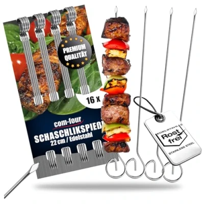 Imagen de com four® 16x brochetas de shish kebab 22 cm acero inoxidable largas para carne premium grill, verduras (22cm 16 piezas)