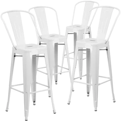 Imagen de Flash Furniture Muebles Paquete De 4 taburetes Bar Metal 30 Pulgadas Alto para Interiores y Exteriores con Respaldo, plástico Goma, White, Conjunto 4, Unidades