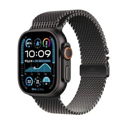 Imagen de Apple Watch Ultra 2 (2024), GPS + Cellular, 49 mm, Caja de Titanio Negro, Gesto doble toque, Correa Titanium Milanese Loop Negra, Talla M