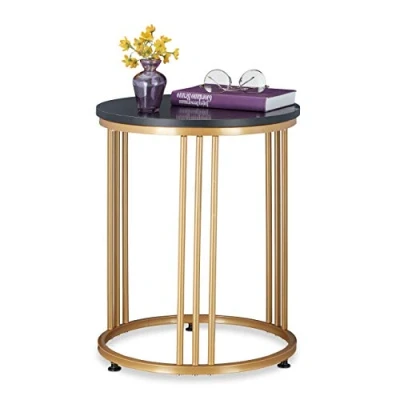 Imagen de Relaxdays Mesa Auxiliar MARMO, Mesita Salón, Metal y MDF, Tablero Redondo, Efecto Mármol, 51 x 41 cm, Negro Dorado, Hierro