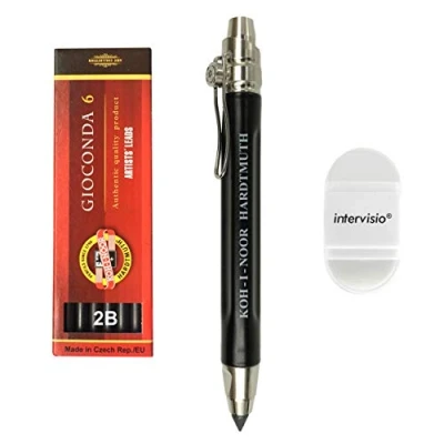 Imagen de intervisio Koh I Noor 5311 Portaminas de 5,6 mm Porta Minas Moderno Metal con Juego Grafito 4865 2B y Borrador Sacapuntas Colegio, la Oficina, Escritores, Artistas