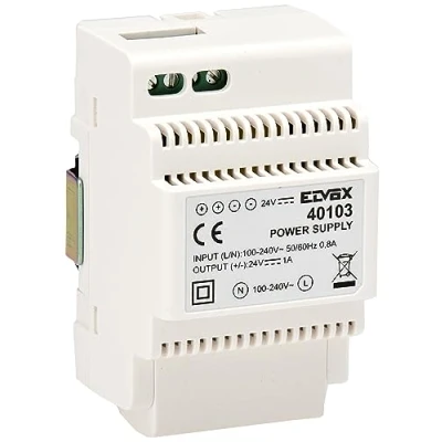 Imagen de Vimar 40103 Alimentador para videoportero con salida 24 Vdc, alimentación 100 240 V 50/60 Hz, instalación en riel DIN (60715 TH35), ocupa 3 módulos de 17,5 mm, blanco