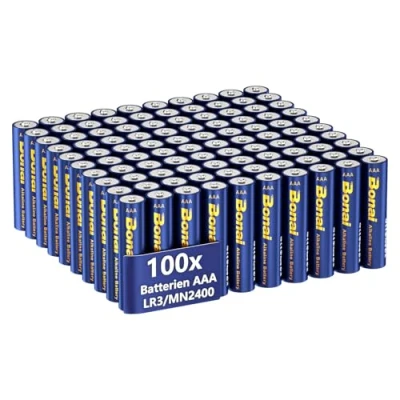 Imagen de BONAI Longlife pilas alcalinas AAA (100 unidades, 1,5 V, Micro LR03, alcalinas, potente, ideal para despertadores, termómetros febriles, lámparas decorativas y otros dispositivos con altas