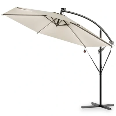 Imagen de Kingsleeve® Sombrilla de Jardín Parasol Crema 330cm Manivela Luces LED Protección UV80+ Seguro Antiviento Funda Protectora