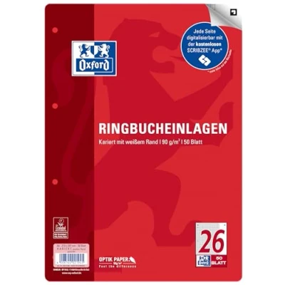 Imagen de Oxford 400131580 Recambio para archivador de anillas (A4, 50 hojas, 26 líneas, a rayas, con borde blanco, 90 g/m², compatible SCRIBZEE)