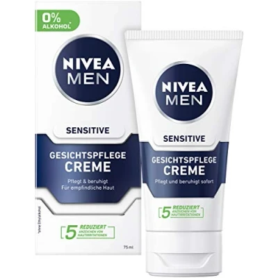 Imagen de crema facial Nivea Men Sensitive en un paquete de 2 unidades (2 x 75 ml), hidratante para hombres con piel sensible, calmante