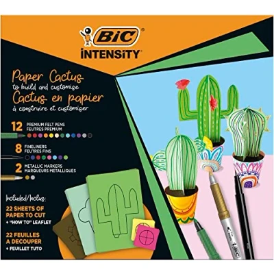Imagen de BIC Intensity Set Cactus de Papel, 44 Piezas que incluye 22 Rotuladores surtidos Vibrantes e Intensos y Formas impresas en papel colores. Regalo Creativo para Niños Adultos