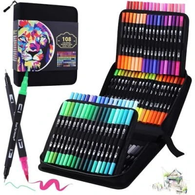 Imagen de LENTPER Rotuladores Lettering 108 Colores, Punta Pincel, Doble Fina, Kit para Niños y Adultos, Mandalas, Graffiti, Caligrafía, Dibujar, Acuarelables Profesionales