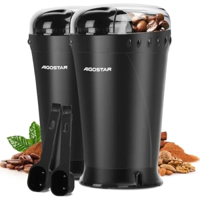 Imagen de Aigostar Molinillo de Café Eléctrico, Molino Cafe Cereales con Cuchillas Acero Inoxidable, Capacidad 60gr Cepillo para Limpieza, Tapa Transparente, Libre BPA, Negro 2 Pcs