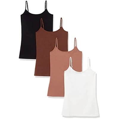 Imagen de Amazon Essentials Camisola de Ajuste Entallado Mujer, Pack 4, Blanco/Marrón/Marrón Claro/Negro, XS