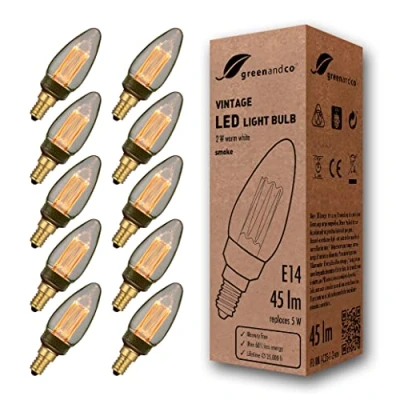 Imagen de 10x greenandco Bombilla LED decorativa estilo vintage E14 C35 2W 45lm 2000K 320 230V, gris, sin parpadeo, no regulable