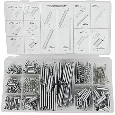 Imagen de Tiberham Kit surtido de resortes, 200 resortes extensión y compresión surtidos, juego tensión metal chapado en zinc con caja almacenamiento portátil