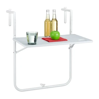 Imagen de Relaxdays Mesa Plegable Balcón, Mesilla Colgante, Abatible, 3 Altos, Mesita Barandilla, Efecto Madera, 59,5x35,5, Blanca, Acero, 1 Pieza