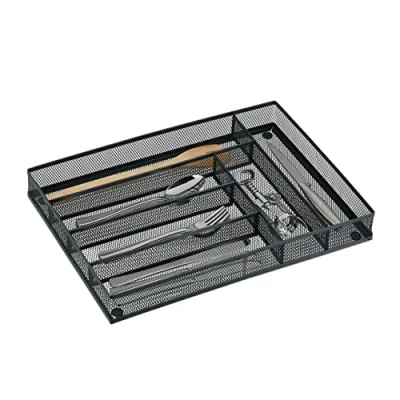 Imagen de Relaxdays Cubertero Cajón Malla Alambre, Portacubiertos 6 Compartimentos, Organizador Cubiertos 5x28,5x40,5cm, Antracita, Acero