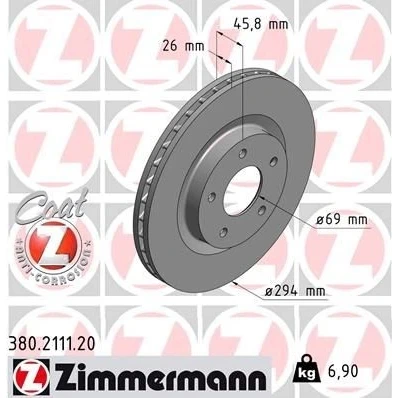 Imagen de ZIMMERMANN COAT Z 380.2111.20 Disco de freno 294 26 5/5 5 114 ventilación interna revestido MITSUBISHI: Lancer 8 Limousine, ASX SUV, Outlander 2 SUV