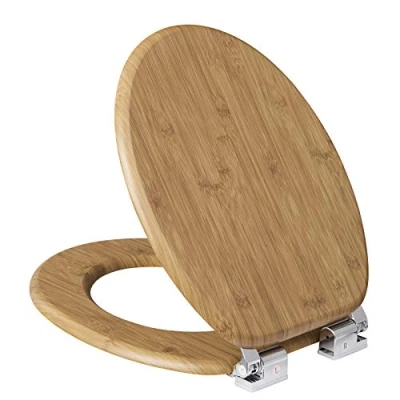 Imagen de eSituro asiento de inodoro madera, tapa cierre suave con bisagra ajustable, antideslizante, antibacteriano para baño familiar STS0389