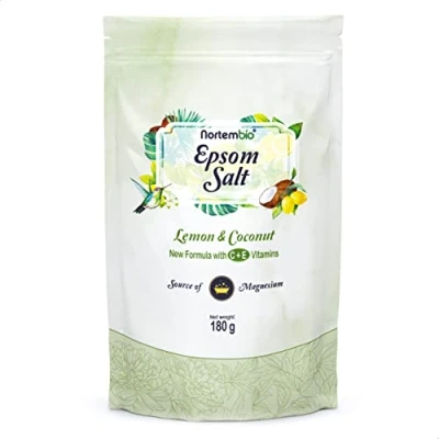 Imagen de Nortembio Sal de Epsom 180 g. Fragancia Limón y Coco. Baño Hidratada con Vitamina C E. Relajación Músculos, Aromaterapia Buen Sueño. E Book Incluido.
