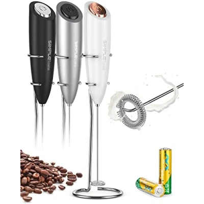 Imagen de SIMPLETASTE Espumador de leche mano, funciona con pilas, mezclador bebidas batidor acero inoxidable y soporte para capuchino, café a prueba balas,