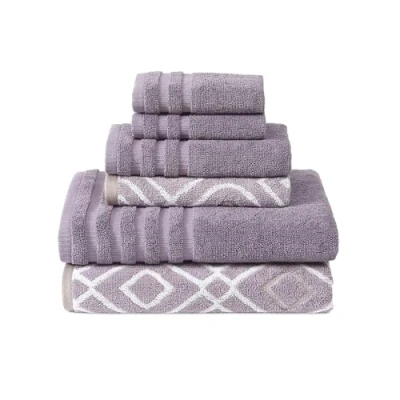 Imagen de Amrapur Juego de 6 Toallas Oxford teñidas con Rayas Jacquard/sólidas, ultrasuaves, 550 g/m², 100% algodón Peinado Hilo Gris Lavanda, Morado Claro, Sencillo, 40.6 x 25.4 12.7 cm,