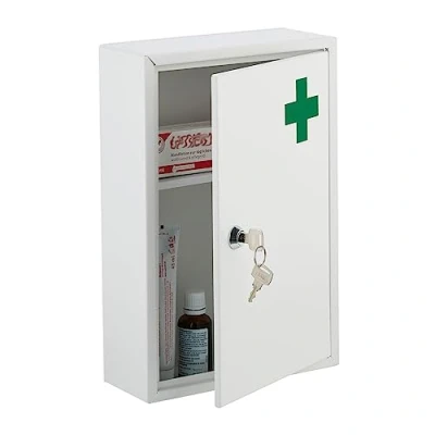 Imagen de Relaxdays Armario Botiquín Puerta con Cruz, Cerradura, 2 Compartimentos, 32x21,5x8 cm, Caja Medicinas Colgante, Blanco, Hierro, 32 x 21.5 8 cm