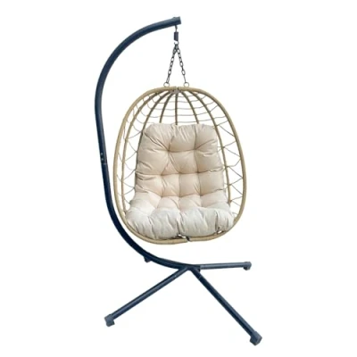 Imagen de YOEVU Silla Colgante con Soporte y Cojín Acolchado Tipo Columpio Estilo Boho, Estructura Reforzada, Resistente al Agua, para Jardín, Terraza, Balcón o Interior, Confort Diseño (Natural)