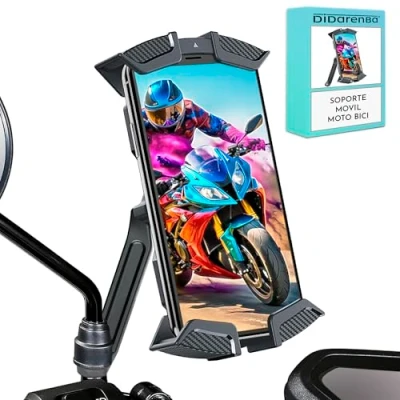 Imagen de Soporte movil Scooter Moto retrovisor 4 sujeciones fijacion al Espejo Estabilidad Maxima Compatible con Todos los Smartphones rotacion 360º antivibracion