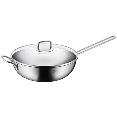 Imagen de WMF wok de inducción 30 cm, con tapa cristal, acero inoxidable Cromargan pulido, sin revestimiento, apto para horno