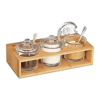Imagen de Relaxdays Set 3 Tarros Especias, Soporte de Bambú, Azucarero Cristal con Cuchara y Tapa, Salero, Natural/Transparente