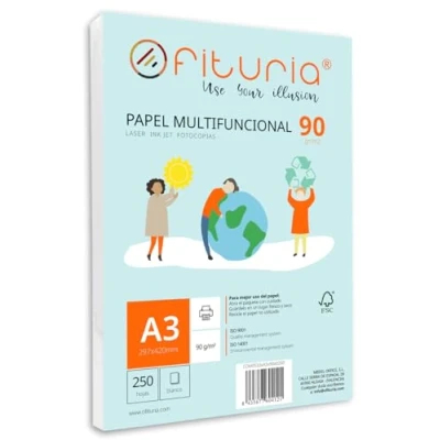 Imagen de Paquete de folios A3 90gr con 250 Hojas Blancas, Papel Multifuncional para Uso Escolar y Entornos Laborales. Ideal impresoras láser, inyección o fotocopiadoras Ofituria