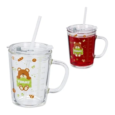 Imagen de Relaxdays Set de 2 Vasos Infantiles, Diseño Osos, Jarrita Agua Niños, con Asa, Tapa y Pajita, 400 ml, Transparente
