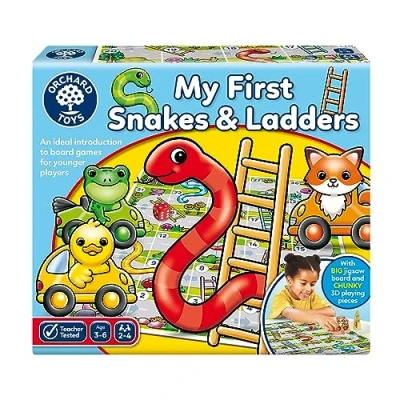 Imagen de Orchard Toys My First Snakes &amp; Ladders Juego para niños Grandes con Piezas Gigantes Coloridas en 3D, Juegos de Mesa 3 a 6 años, 2 4 Jugadores