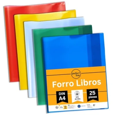 Imagen de perfect line 25 forro libros, funda plastico A4 con superficie texturizada, para libros de colores PP reciclable, forros escolares, fabricado en europa