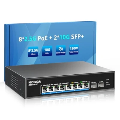 Imagen de Conmutador PoE de 8 puertos 2,5 G no gestionado con PoE+@130 W Base T + 2 x 10G SFP+ enlace ascendente, NICGIGA 10 Gbe IEEE802.3af/at Power over Ethernet, soporta