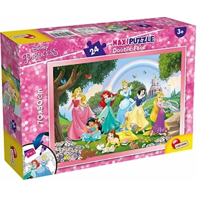 Imagen de Liscianigiochi Puzzle Maxi Floor para niños de 24 piezas 2 en 1, Doble Cara con reverso colorear Disney Princesas 74082