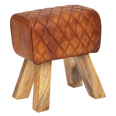 Imagen de FineBuy Taburete Cuero Genuino y Madera Maciza 40x48x27 cm de diseño sin Ruedas Respaldo tapizado