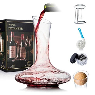 Imagen de YouYah Juego de decantador vino con soporte secado, tapón, cepillo y cuentas, jarra tinto, accesorios vino, vidrio cristal soplado a mano 100% sin plomo (clásico)