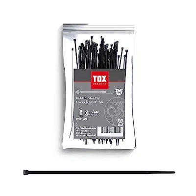 Imagen de TOX Brida sujetacables, negra, resistente a los rayos UV, de uso universal en interiores y exteriores, para una fijación segura el hogar jardín, tamaño 7,6 x 250 mm, 100 unidades, 099600030