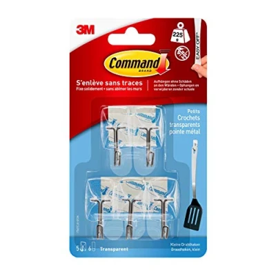 Imagen de Command ganchos de alambre para colgar, pequeños, transparentes, 5 transparentes con puntas metal, 6 tiras adhesivas, organizan sin agujeros ni taladros