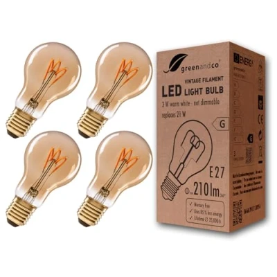 Imagen de greenandco 4x Bombilla de filamento LED Vintage E27 3W (corresponde a 21W) 210lm 2000K (blanco cálido) 360 230V vidrio, sin parpadeo, no regulable