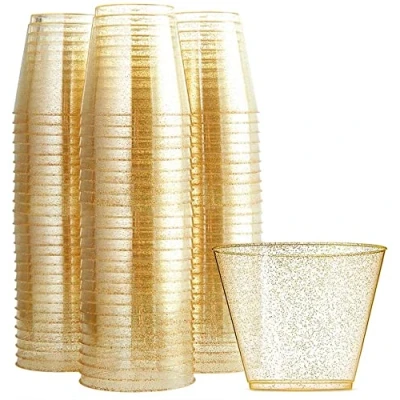 Imagen de KAHEIGN 60 Piezas Vasos de Plástico con Purpurina Dorada, 270ml Tazas Postre Redondas Tazón Transparente para Aperitivos Parfait Servir Reutilizables Whisky (7 x 8,5cm)