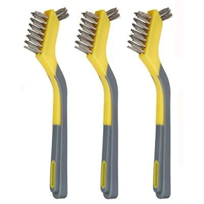 Imagen de Amazon Basics Mini cepillos de acero inoxidable, agarre suave, paquete 3, Negro y amarillo
