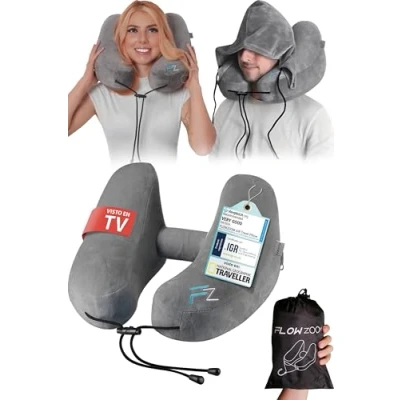 Imagen de FLOWZOOM Almohada de Viaje Hinchable Cuello Cojin Cervical para Adultos viscoelastica Avion con Capucha Felpa Inflable Rápida Gris