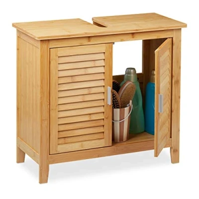 Imagen de Relaxdays Mueble de Baño Bajo Lavabo Bambú, 60 x 67 30 cm, 1 Compartimento Grande, 2 Puertas, Magnéticas, Natural, Tablero Fibras, 60x67x30 cm