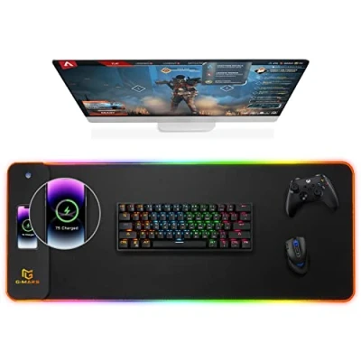 Imagen de Gimars Alfombrilla Ratón Gaming RGB con 15W Carga Inalámbrica, 800x300mm Mousepad XXL 10 Modos Iluminación LED, Tapete Rato Impermeable Base Antideslizante para Escritorio Oficina Gamer
