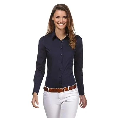 Imagen de Vincenzo Boretti Camisa de Mujer Elegante y clásica, Ajustada Entallado (Slim fit), Mezcla algodón, Ligeramente elástica, Manga Larga, Cuello Kent, Lisa fácil Planchar Azul Oscuro 38