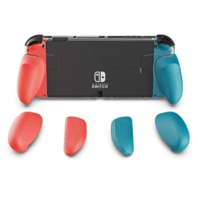 Imagen de Skull &amp; Co. GripCase OLED for Nintendo Switch Model: A Dockable Transparent Protective Cover Case with Interchangeable Grips [to fit All Hands Sizes] [No Carrying Case] Neon Blue(L)+Neon Red(R)
