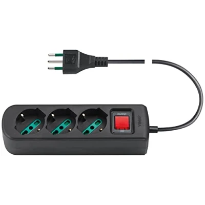 Imagen de Vimar 0R00637.CC Enchufe múltiple con Interruptor automático de protección y Cable 1,5 m, 3 Salidas SICURY Universal estándar Italiano, 10 A Negro