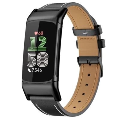 Imagen de MoKo Correa de Cuero Compatible con Fitbit Charge 6/Fitbit 5 para Hombre Mujer, Pulsera Reloj Piel Auténtica, Negro