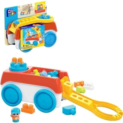 Imagen de Mega Bloks Remolque con Bloques de construcción Colores para Arrastrar, Incluye Figura y 20 Piezas, Juguete +1 año (Mattel HHN00)
